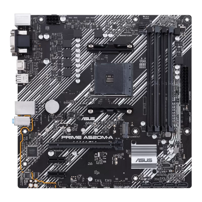 ASUS PRIME A520M-A, Socket AM4, AMD A520, Dual 4xDDR4-4800, APU AMD graphics, VGA, DVI, HDMI, 1xPCIe X16, 4xSATA3, RAID, 1x M.2 slot, 2xPCIe X1, ALC887 7.1ch HDA, GbE LAN, 6xUSB3.1, 5X Pro.III, mATX 