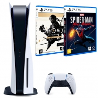 Game Console Sony PlayStation 5 (Disc Version) + 2 * Games (Ghost of Tsushima + Spider Man Miles Morales) White, 1 x Gamepad (Dualsense) thumbnav 1
