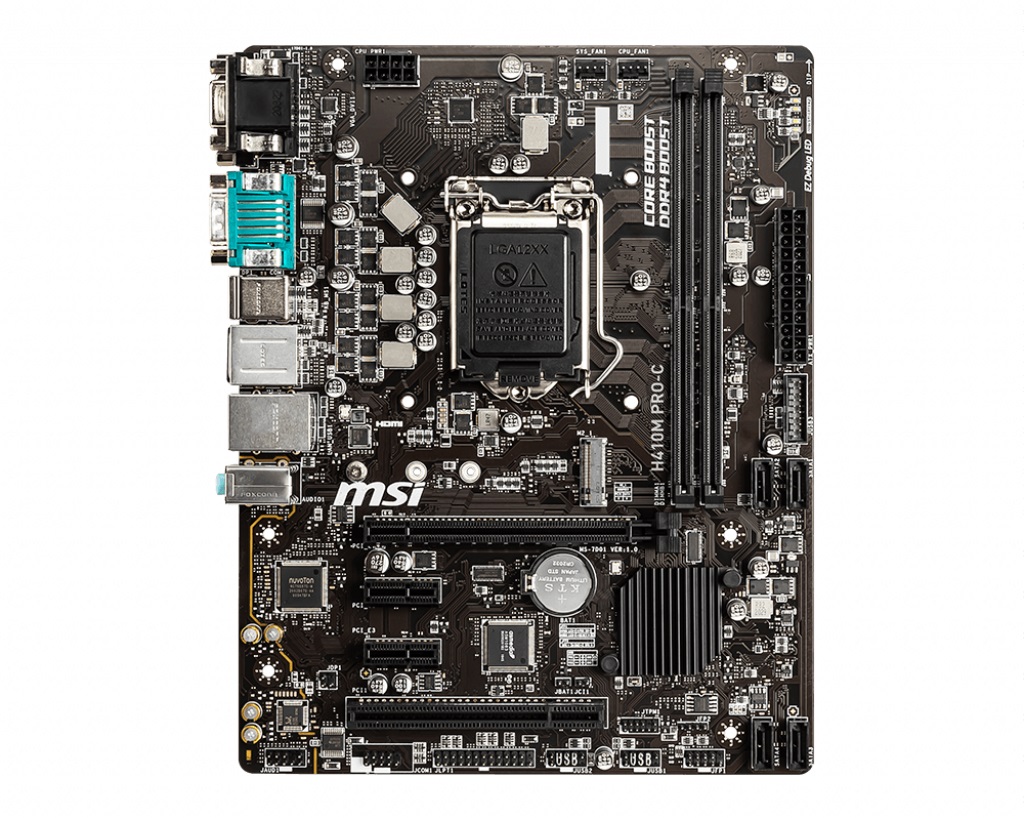 MSI H410M PRO-C, Socket 1200, Intel® H410 (10th Gen CPU), Dual 2xDDR4-2933, CPU Intel graphics, VGA, DVI, HDMI, DP, 1xPCIe x16, 4xSATA3, 1xM.2, 2xPCIe x1, 1xPCI, 1xCOM, ALC892 HDA, 1xGbE LAN, 4xUSB3.2, mATX, Bulk (OEM) photo 1