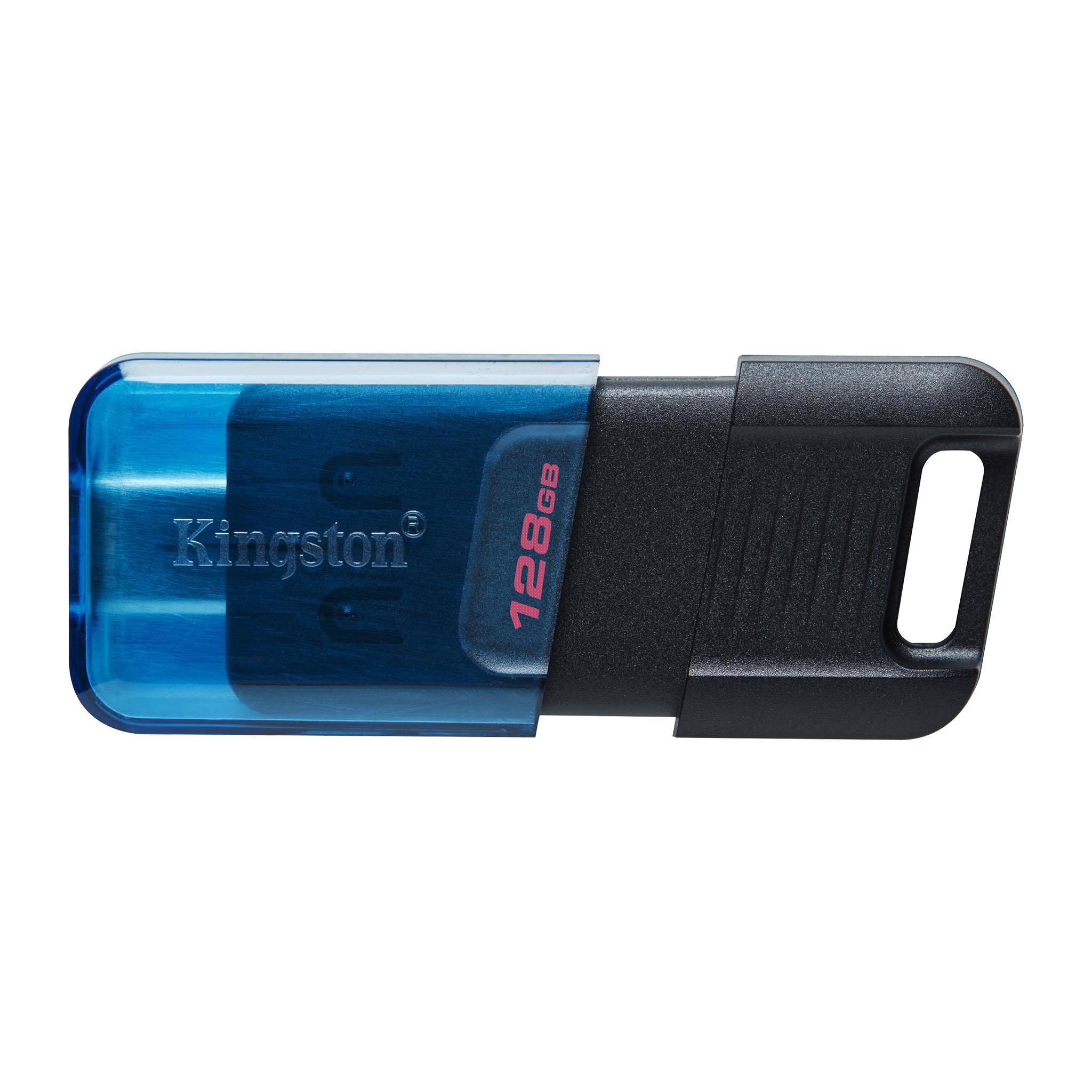 128GB USB-С3.2 Kingston DataTraveler 80M, Black/Blue, USB-C, Cap design, Stylish slim plastic casing fits, Keyring Loop (Read 200 MByte/s) photo 1