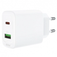 USB Charger  ACEFAST A25, Dual port, USB-C 20W + USB-A 18W output, PD20W, Total output: 5V / 3A, QC3.0, White 
