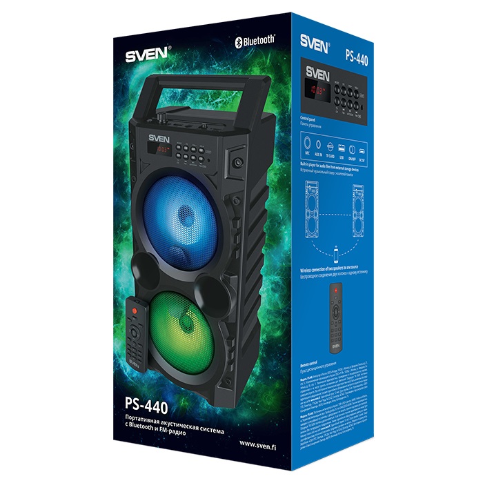 SVEN PS-440, black (20W, TWS, Bluetooth, FM, USB, microSD, LED-display, RC, 2x2000mA*h) photo 5