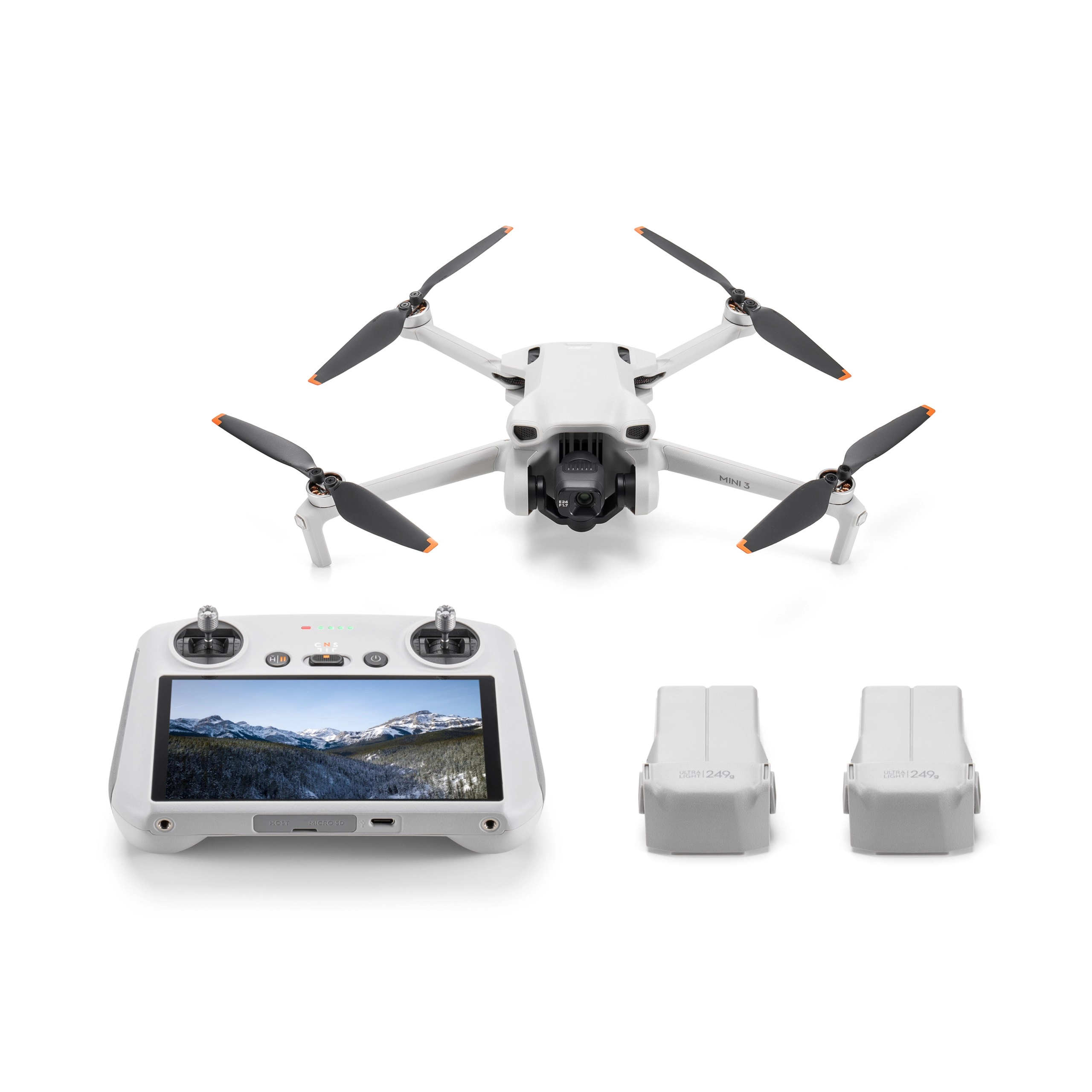 Drona DJI Mini 3 Fly More Combo + Smart Controller / Portable Drone, RC 5.5", 12MP photo, 4K 30fps/FHD 60fps camera with gimbal, max. 4000m height / 57.6kmph speed, max. flight time 38min, Battery 2453 mAh, 248g photo 1