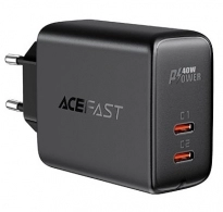 USB Charger  ACEFAST A9, Dual port, 2 x USB-C, GaN PD20W, USB-C 1/2: 20W, Total output: 40W (max.), QC3.0, Black 