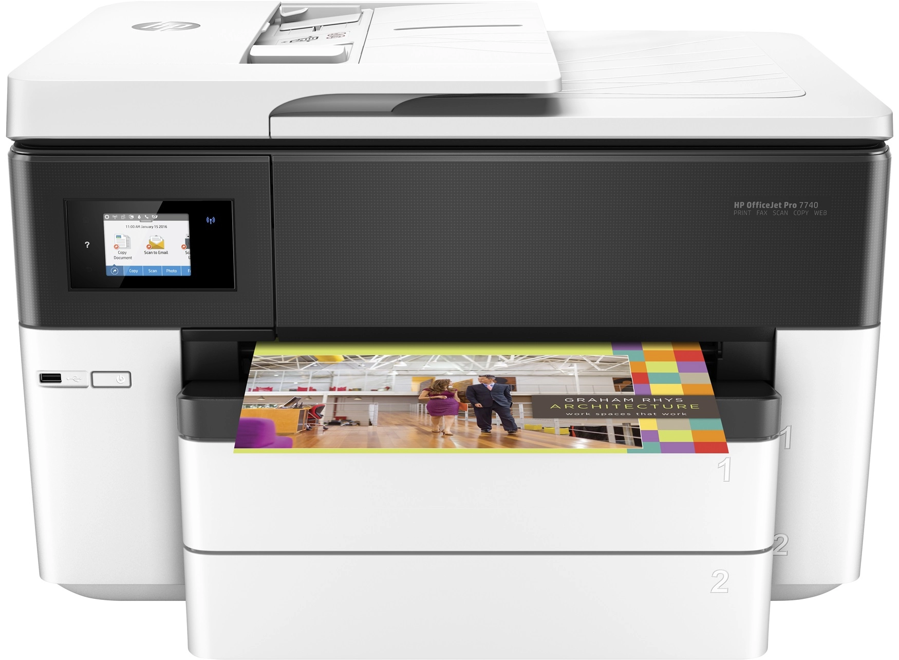 MFD HP OfficeJet Pro 7740 Wide, White,  A3, Fax, up to 34ppm, 4800x1200dpi, Duplex, 512MB Memory, 6,75 cm Touch LCD, up to 30000 pages, 35 pages ADF, USB 2.0, WiFi 802.11b/g/n, Ethernet, ePrint,  AirPrint (#953/XL B/C/M/Y Cartridge) photo 1