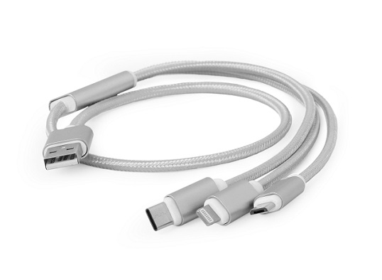 Cable USB2.0 combo (3 in 1) - 1m - Cablexpert CC-USB2-AM31-1M-S, 1 m, USB 2.0 A-plug to 8-pin male connector(for IPhone) + male MicroUSB connector + male USB-C connector, USB charging combo 3-in-1, Silver photo 1