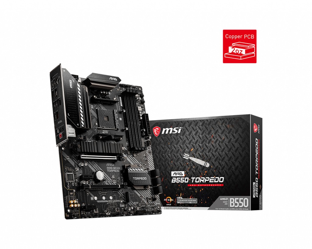 MSI MAG B550 TORPEDO, Socket AM4, AMD B550, Dual 4xDDR4-5100+, APU AMD graphics, HDMI, DP, 2xPCIe4.0 X16, 6xSATA3, RAID, 2xM.2 Gen4.0 x4, 2xPCIe X1, ALC1220 HDA, S/PDIF, 1x2.5GbE, 2xUSB3.2 Gen2(TypeA+C), 5xUSB3.2, RGB Mystic Light, ATX photo 1