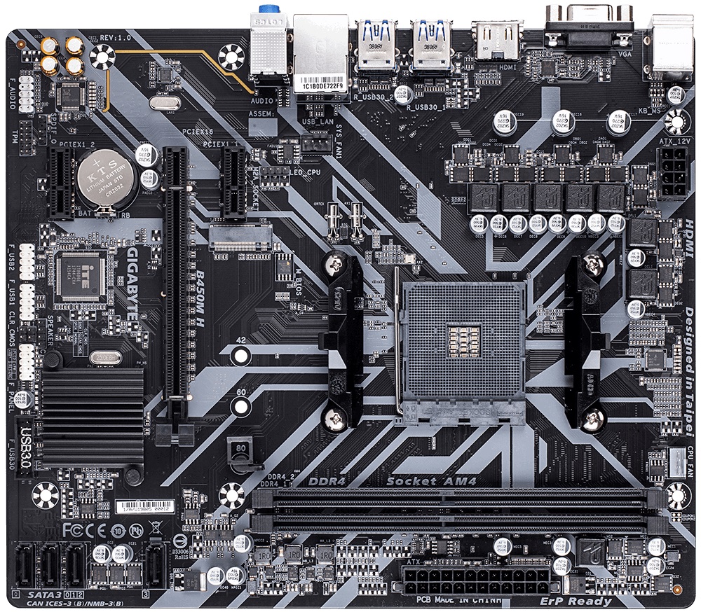 GIGABYTE B450M H, Socket AM4, AMD B450, Dual 2xDDR4-3200, APU AMD graphics, VGA, HDMI, 1xPCIe X16, 4xSATA3, RAID, 1xM.2, 2xPCIe X1, ALC887 HDA, GbE LAN, 6xUSB3.1, RGB Led, mATX photo 1