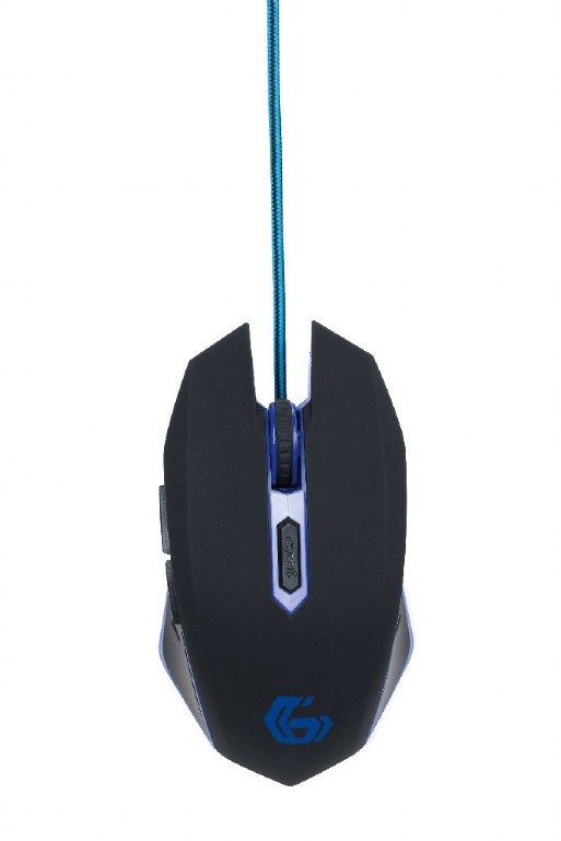 Gembird MUSG-001-B, Gaming Optical Mouse, 2400dpi adjustable, 6 buttons,  Illuminated (Blue light) scroll wheel, logo and side accents; Non-slip rubberized ergonomic design, Practical tangle free nylon mesh cable, USB, Black photo 1