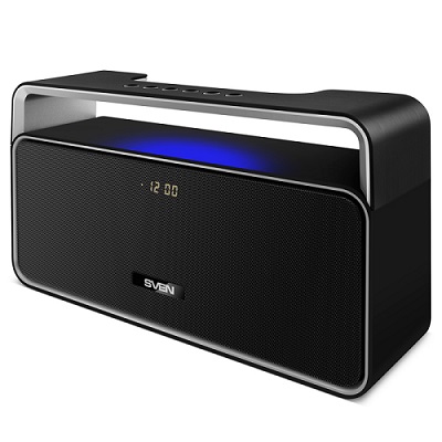 SVEN PS-185, Bluetooth Portable Speaker, 10W RMS, Support for iPad & smartphone, Bluetooth, LED display, clock and alarm, FM tuner, USB & microSD, built-in lithium battery -2000 mAh, AUX stereo input, Headset mode, USB or 5V DC power supply, Black photo 1