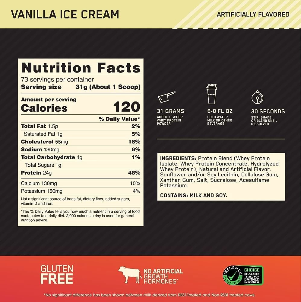 Сывороточный протеин Optimum Nutrition ON 100 WGS GF VAN ICE CREAM 3.96LB/1.8 кг photo 3
