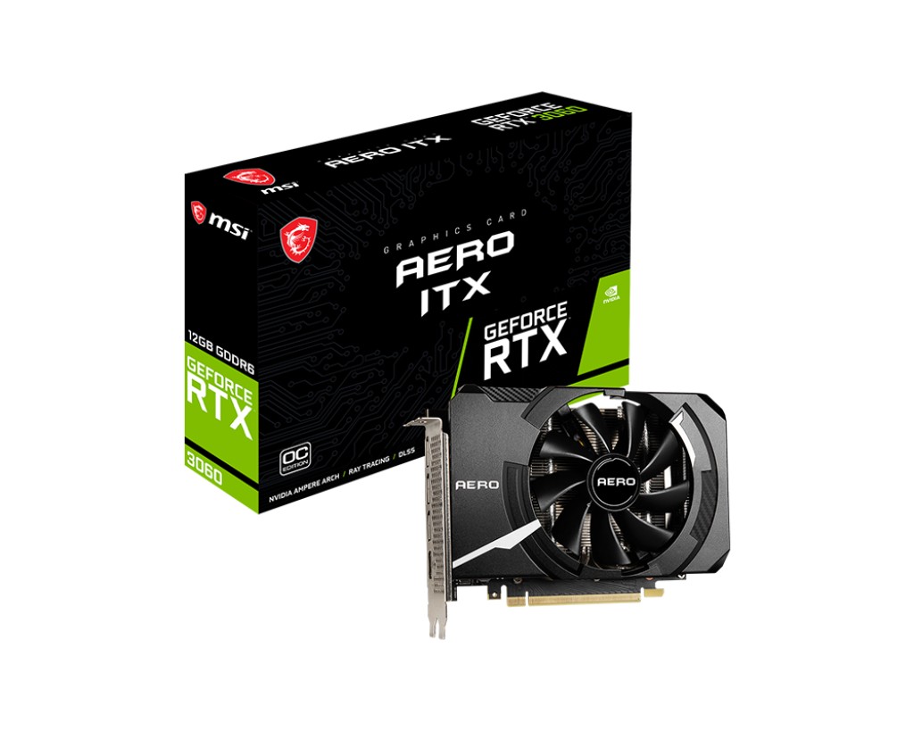 MSI GeForce RTX 3060 AERO ITX 12G OC / 12GB GDDR6 192Bit 1792/15000Mhz, Ampere, PCI-E Gen4, 1xHDMI, 3xDP, Single Fan Thermal Design, 6mm Cooper Heatpipes, Tailored PCB Design, Solid Backplate, SFF package, 1x 8pin, Retail photo 1