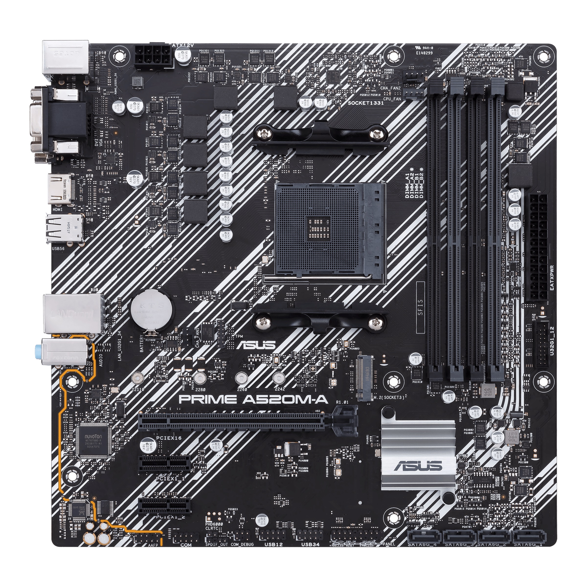 ASUS PRIME A520M-A, Socket AM4, AMD A520, Dual 4xDDR4-4800, APU AMD graphics, VGA, DVI, HDMI, 1xPCIe X16, 4xSATA3, RAID, 1x M.2 slot, 2xPCIe X1, ALC887 7.1ch HDA, GbE LAN, 6xUSB3.1, 5X Pro.III, mATX photo 1