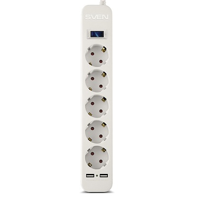 Surge Protector SVEN SF-05LU, 5 Sockets + 2 USB (2,4 A) , 3.0m, White, color box photo 1