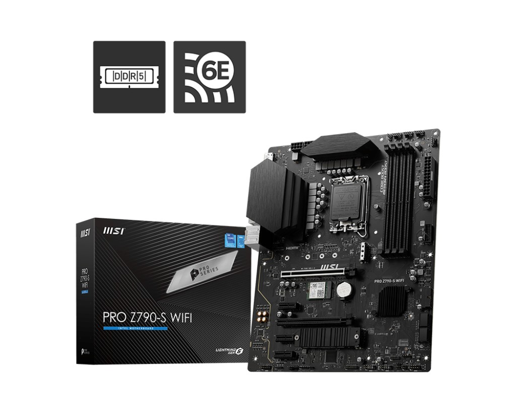 MSI PRO Z790-S WIFI, Socket 1700, 14Phases, Intel® Z790 (14/13/12th Gen CPU), CPU graphics, HDMI, DP, Dual 4xDDR5-6600, 2xPCIe X16 5.0, 4xSATA3, RAID, 2xM.2 4.0, 3xPCIe X1, ALC897 HDA 7.1/SPDIF, 2.5GbE LAN, WiFi6E/BT, 1xUSB-C 3.2Gen2x2, 8xUSB3.2, RGB Led, photo 1