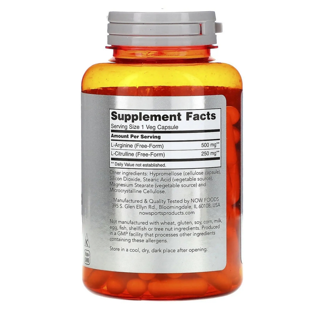 Аргинин и цитрулин Now Foods ARGININE 500mg AND CITRULLINE 250MG 120 VCAPS photo 3