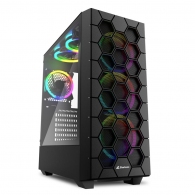 Sharkoon RGB HEX Black  ATX Case, with Side Panel of Tempered Glass, without PSU, Tool-free, 3D Hexagon Design Mesh Front Panel, Pre-Installed Fans: 6x120mm A-RGB Ring LED, ARGB Controller, 2x3.5" / 6x2.5", 1xTypeC, 2xUSB3.0, 1xHeadphones, 1xMic, 3xRemova thumbnav 1
