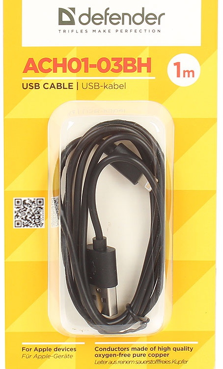 Кабель USB-A - Lightning Defender ACH01-03BH USB-Lighthing 1m black 1 /1м /Черный photo 1 Кабель USB-A - Lightning Defender ACH01-03BH USB-Lighthing 1m black 1 /1м /Черный photo 1