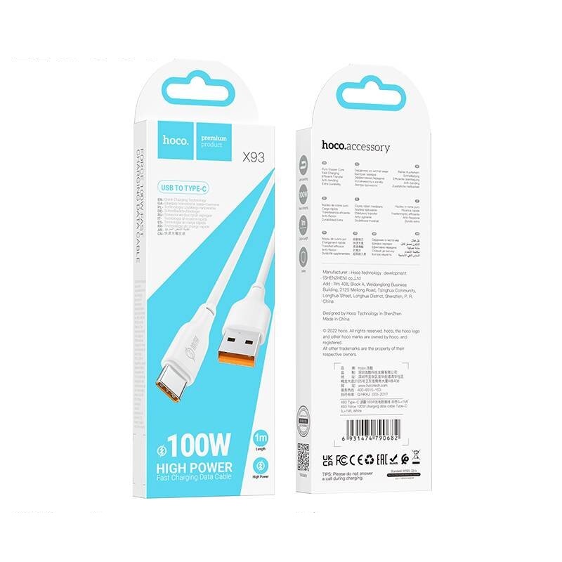 Кабель USB на Type-C HOCO “X93 Force” / 1m / TPE / 100W / up to 3A / White photo 2