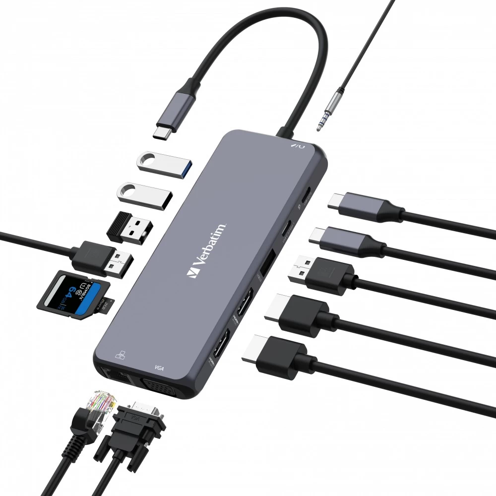 Многопортовый Адаптер Verbatim CMH-14/ USB-С/ 3xUSB-A 3.2/ 2xUSB-A/ 1xUSB-C PD(100W)/ 2xHDMI/ 1xVGA/ RJ45/ SD/ microSD photo 1