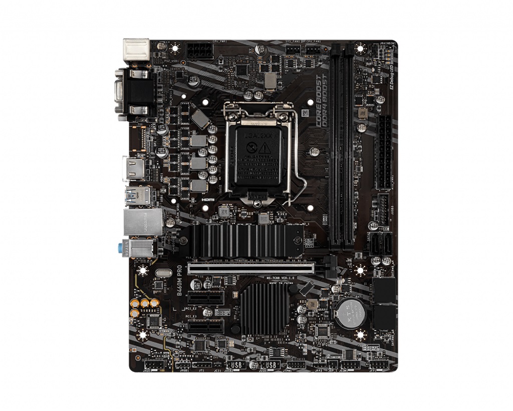 MSI B460M PRO, Socket 1200, Intel® B460 (10th Gen CPU), Dual 2xDDR4-2933, CPU Intel graphics, VGA, DVI, HDMI, 1xPCIe X16, 6xSATA3, RAID, 1xM.2 slot, 2xPCIeX1, ALC892 HDA, 1xGbE LAN, 6xUSB3.2, RGB Led, mATX photo 1