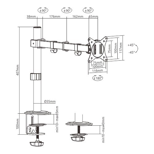 Arm for 1 monitor 17”-32”  Gembird MA-D1-01, Adjustable desk display mounting arm (rotate, tilt, swivel),  VESA 75/100, up to 9 kg, black photo 2