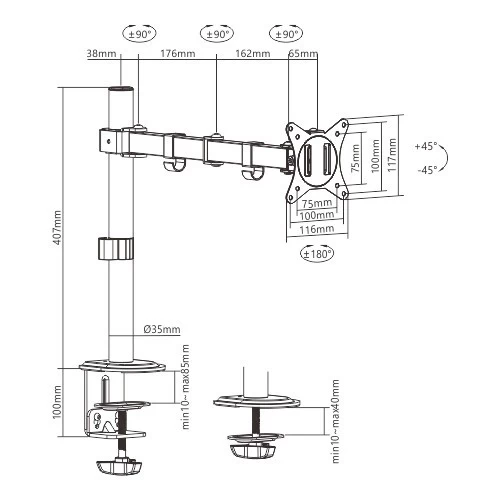 Arm for 1 monitor 17”-32”  Gembird MA-D1-01, Adjustable desk display mounting arm (rotate, tilt, swivel),  VESA 75/100, up to 9 kg, black photo 2