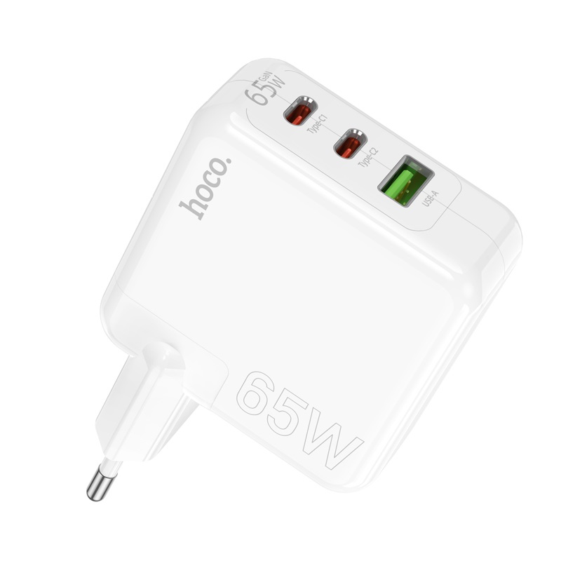 USB Charger  HOCO C115A Header Three-port, 2 x USB-C + 1 x USB, USB-C 1/2: up to 65W, USB-A: up to 18W, up to PD65W / QC3.0, GaN, White photo 1