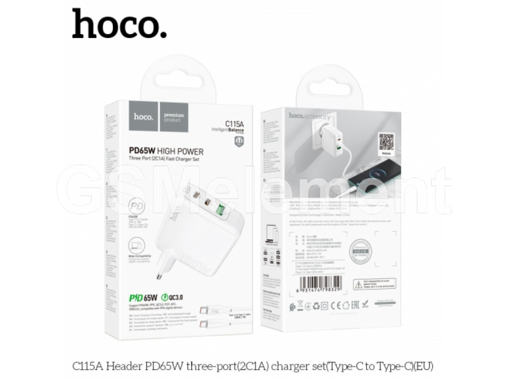 USB Charger  HOCO C115A Header Three-port, 2 x USB-C + 1 x USB, USB-C 1/2: up to 65W, USB-A: up to 18W, up to PD65W / QC3.0, GaN, White photo 2