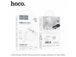 USB Charger  HOCO C115A Header Three-port, 2 x USB-C + 1 x USB, USB-C 1/2: up to 65W, USB-A: up to 18W, up to PD65W / QC3.0, GaN, White thumbnav 2