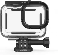 GoPro Protective Housing (HERO 9, 10, 11, 12, 13 Black) - is rugged and waterproof right out of the box, but this housing handles anything you can throw at it. It protects from dirt and flying debris, and it’s waterproof down to 60m for deep-water diving. 