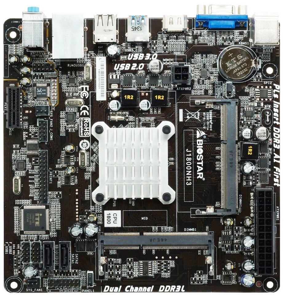 BIOSTAR J1800NH3, MB + CPU onboard: Dual-core Celeron J1800 (2.41-2.58GHz), Dual 2x SO-DIMM DDR3L-1333 (up to 16GB), Intel HD graphics, VGA, HDMI, 2xSATA2, 1xPCIe X1, ALC662 HDA, COM &amp; LPT Header, 1xGbE LAN, 1xUSB3.0, 6xUSB 2.0, Mini-ITX photo 1