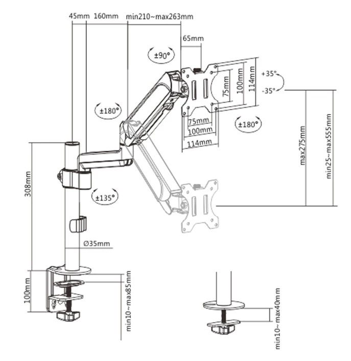 Arm for 1 monitor 17”-32” - Gembird MA-DA1P-01, Adjustable desk display mounting arm, Gas spring 2-9 kg, VESA 75/100, arm rotates, extends and retracts, tilts to change reading angles, and allows to rotate display from landscape-to-portrait mode photo 2