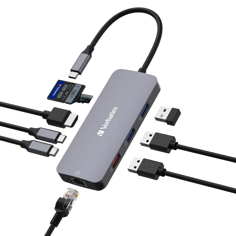 Многопортовый Адаптер Verbatim CMH-09/ USB-С/ 2xUSB-A 3.2/ 1xUSB-A 3.2(Gen 2)/ 2xUSB-C 3.2(Gen 2)/ HDMI/ RJ45/ SD/ microSD photo 1
