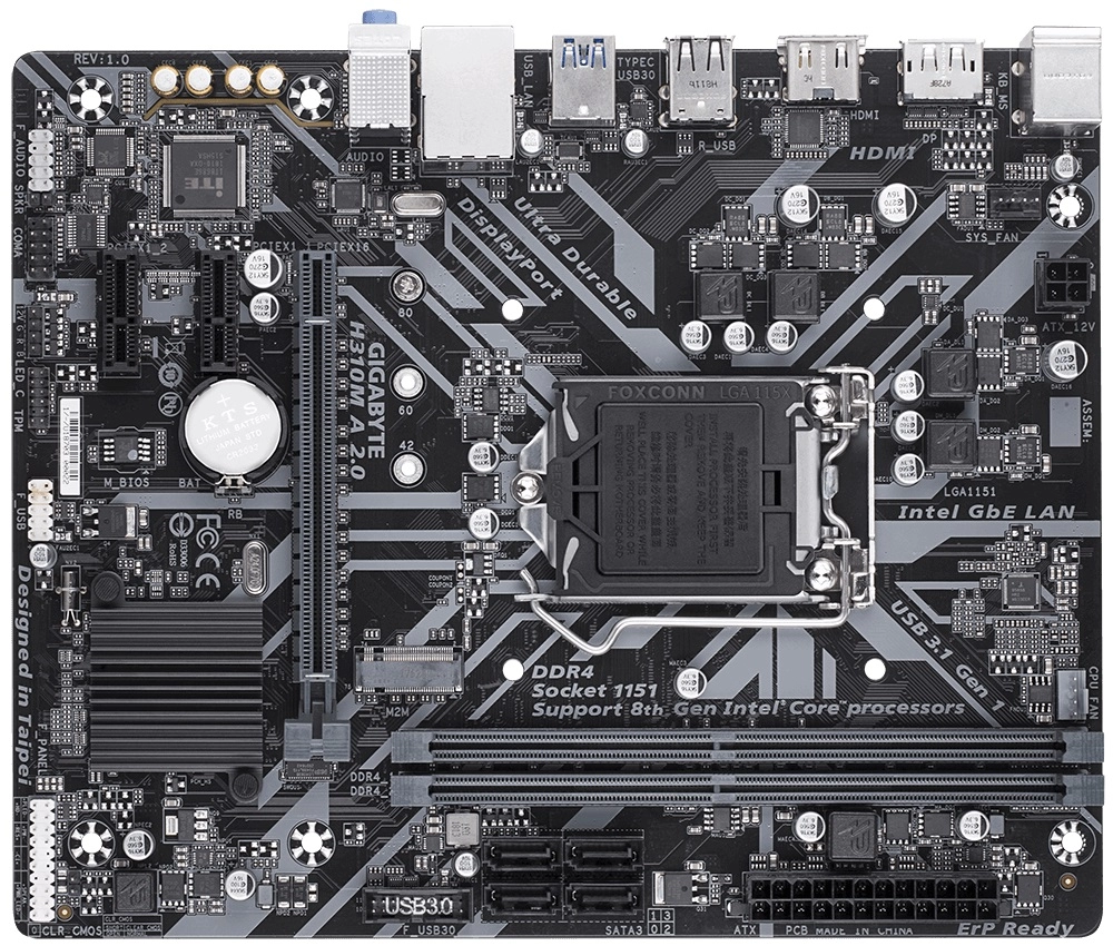 GIGABYTE H310M A 2.0, Socket 1151, Intel® H310 (9th/8th Gen CPU), Dual 2xDDR4-2666, CPU Intel graphics, DP, HDMI, 1xPCIe X16, 4xSATA3, 1xM.2 Slot, 2xPCIe X1, ALC887 HDA, GbE LAN, 1xUSB 3.1 TypeC, 3xUSB3.1, RGB LED, mATX photo 1