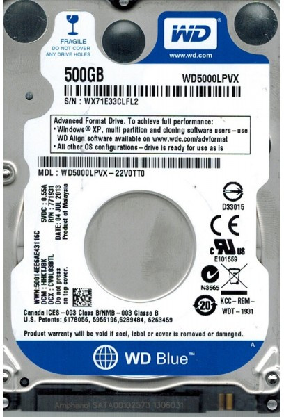 2.5" HDD 500GB  Western Digital WD5000LPVX, Blue™, 5400rpm, 8MB, 7mm, SATAIII, NP photo 1