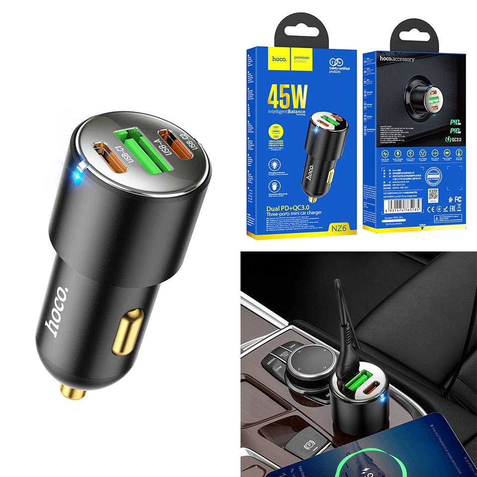 Автомобильное зарядное устройство USB HOCO ”NZ6”/ USB + 2xUSB-C, Total output: 45W / up to PD45W / QC3.0 / Black photo 2