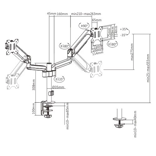 Arm for 2 monitors 17”-32” - Gembird MA-DA2P-01, Adjustable desk 2 displays mounting arm, Gas spring 2-9 kg, VESA 75/100, arm rotates, extends and retracts, tilts to change reading angles, and allows to rotate display from landscape-to-portrait mode photo 2