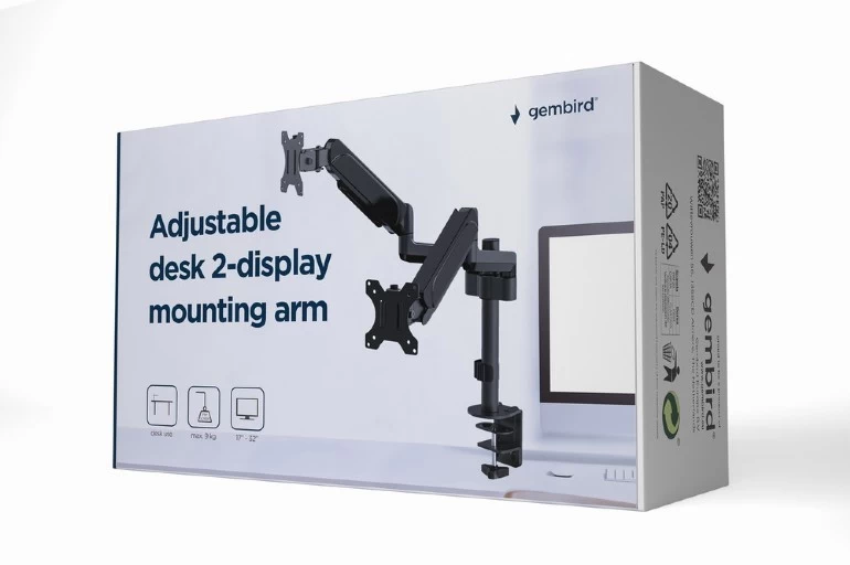 Arm for 2 monitors 17”-32” - Gembird MA-DA2P-01, Adjustable desk 2 displays mounting arm, Gas spring 2-9 kg, VESA 75/100, arm rotates, extends and retracts, tilts to change reading angles, and allows to rotate display from landscape-to-portrait mode photo 3