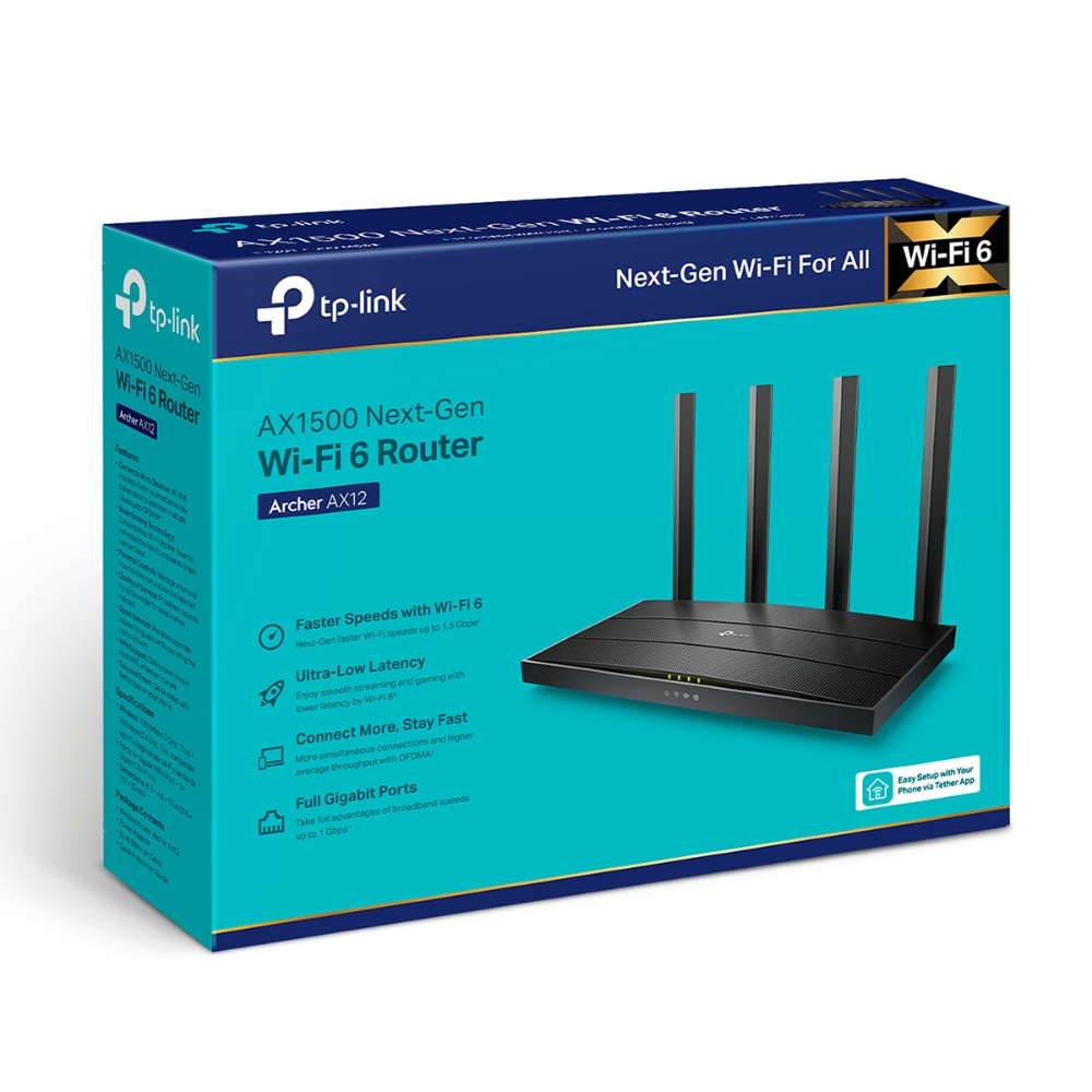 Wi-Fi роутер TP-LINK  Archer AX12 / AC1500 Dual Band / Wi-Fi6 / Gigabit / 1WAN+3LAN / 4 fixed antennas photo 3