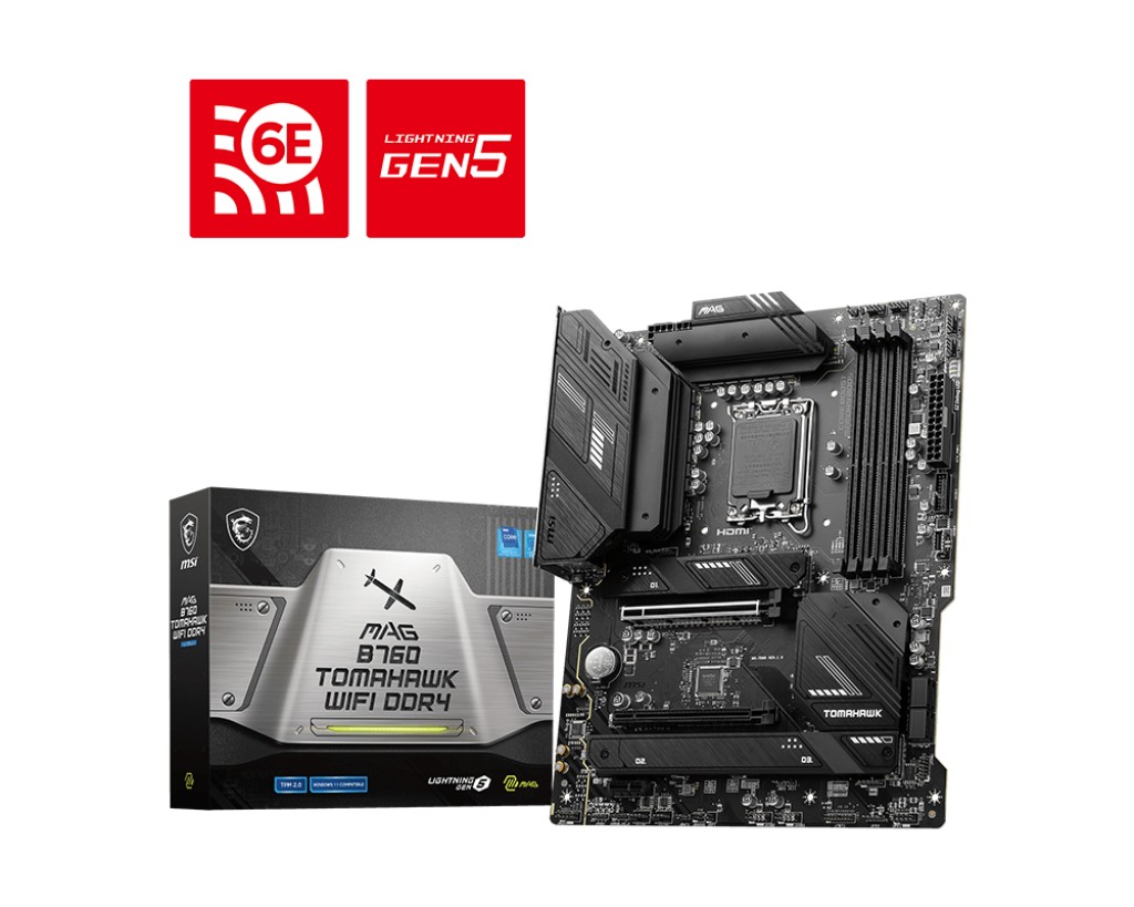 MSI MAG B760 TOMAHAWK WIFI DDR4, Socket 1700, 14Phases, Intel® B760 (14/13/12th Gen CPU), CPU graphics, HDMI, DP, Dual 4xDDR4-5333, 2xPCIe X16 5.0, 6xSATA3, RAID, 3xM.2 4.0, 1xPCIe X1, ALC897 HDA 7.1/SPDIF, 2.5GbE LAN, WiFi6E/BT, 1xUSB-C 3.2Gen2x2, 5xUSB3 photo 1