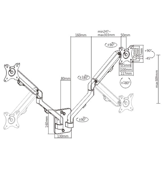 Monitor wall mount arm for 2 monitors up to 17-27”  Gembird MA-WA2-01, Adjustable wall 2 display mounting arm (rotate, tilt, swivel),  VESA 75/100, up to 7 kg, black photo 2