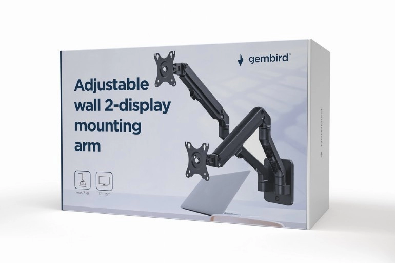 Monitor wall mount arm for 2 monitors up to 17-27”  Gembird MA-WA2-01, Adjustable wall 2 display mounting arm (rotate, tilt, swivel),  VESA 75/100, up to 7 kg, black photo 3