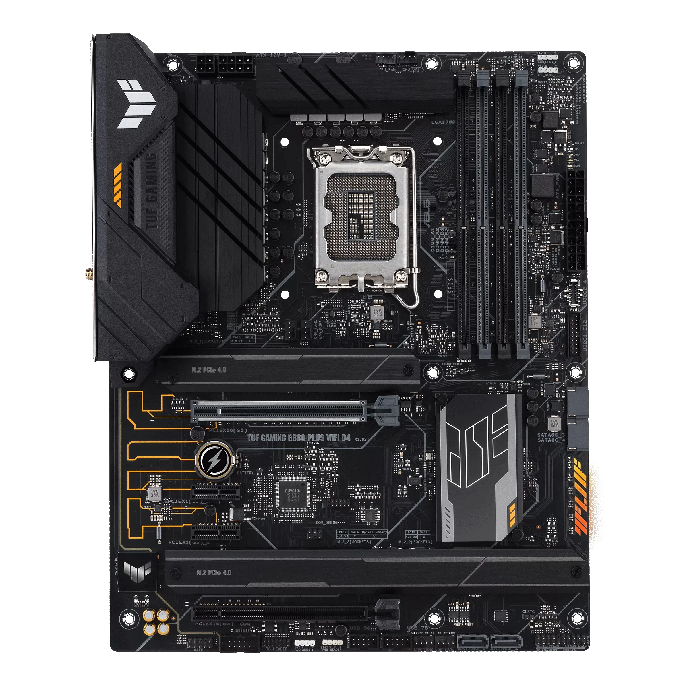 ASUS TUF GAMING B660-PLUS WIFI D4, Socket 1700, 11Phases, Intel® B660 (13/12th Gen CPU), Dual 4xDDR4-5333, HDMI, DP, CPU iGPU, 2xPCIe X16 5.0, 4xSATA3, RAID, 3xM.2 4.0, 2xPCIe X1, ALC897 7.1/SPDIF, 1x2.5GbE LAN, WiFi6/BT5.2, 1xUSB-C Gen2x2, 2xUSBC+A Gen2, photo 1