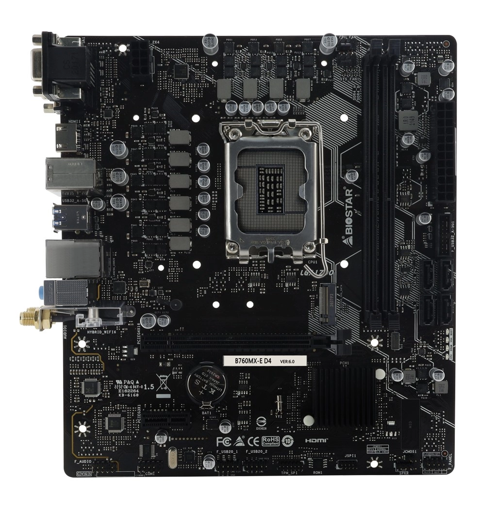 BIOSTAR B760MX-E D4, Socket 1700, Intel® B760 (14/13/12th Gen CPU), CPU graphics, VGA, DVI, HDMI, Dual 2xDDR4-4400, 1xPCIe X16 4.0, 4xSATA3, RAID, 1xM.2 4.0, 1xM.2 E-key for Wi-Fi, 1xPCIe X1, ALC897 HDA, 1xGbE LAN, 4xUSB3.2, mATX photo 2
