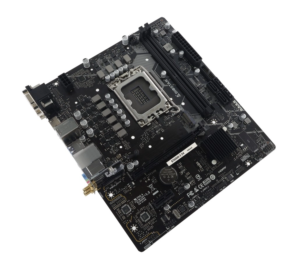 BIOSTAR B760MX-E D4, Socket 1700, Intel® B760 (14/13/12th Gen CPU), CPU graphics, VGA, DVI, HDMI, Dual 2xDDR4-4400, 1xPCIe X16 4.0, 4xSATA3, RAID, 1xM.2 4.0, 1xM.2 E-key for Wi-Fi, 1xPCIe X1, ALC897 HDA, 1xGbE LAN, 4xUSB3.2, mATX photo 3