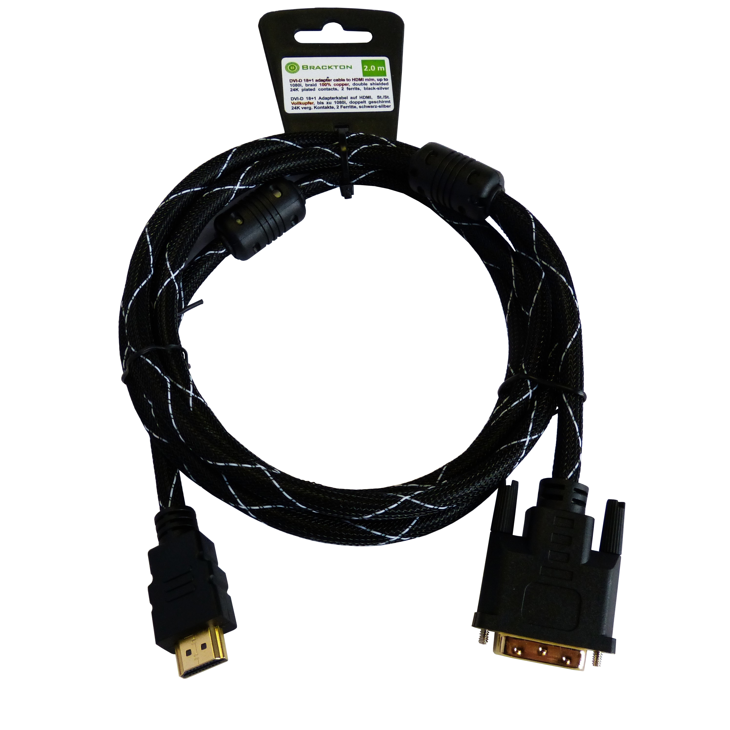 Cable HDMI-DVI - 2m - Brackton ”Professional” DHD-BKR-0200.BS, 2 m, DVI-D cable 24+1 to HDMI 19pin, m/m, triple-shielded, better pastic plug, dual-link, nylon sleeve black/silver, golden contacts, 2 ferrits, dust caps photo 2