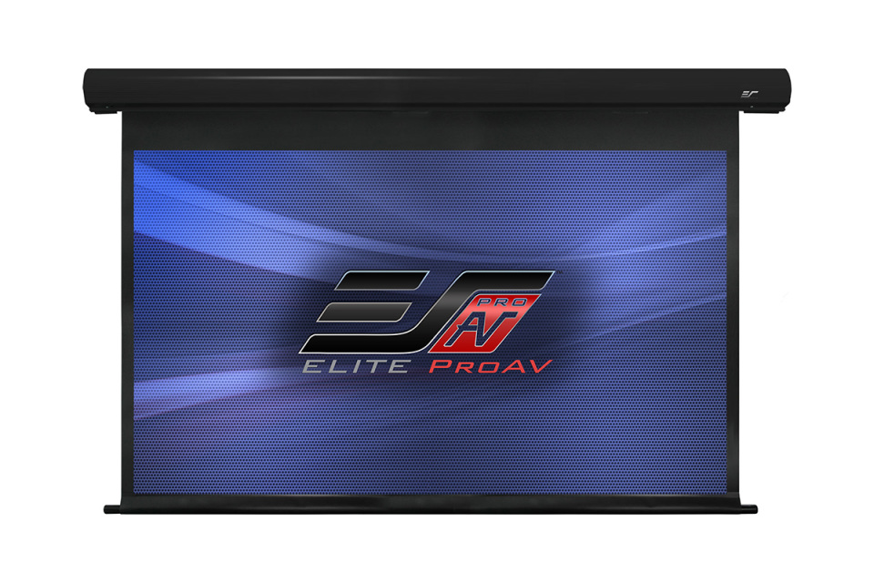 Elite Screens 100" (16:9) 222 x 125 cm, Electric Projection Screen, Saker Series, Premium, TopDrop 60cm, Black, MaxWhite™ Fibreglass, Extra top black masking border for high ceiling installations, Flush hidden wall mounts photo 1