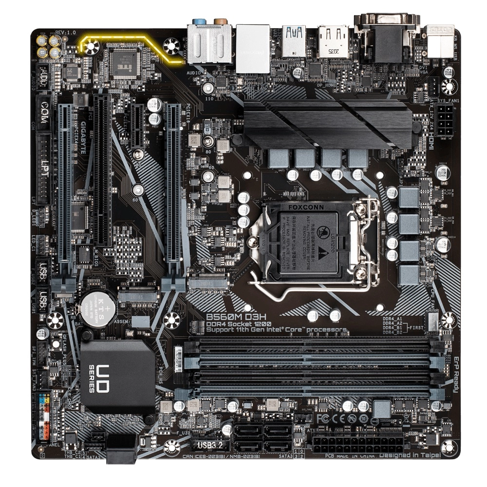 GIGABYTE B560M D3H, Socket 1200, Intel® B560 (11/10th Gen CPU), Dual 4xDDR4-5333, CPU Intel graphics, VGA, DVI, HDMI, DP, 2xPCIe X16 4.0, 6xSATA3, 2xM.2 4.0, 1xPCI, ALC1200 HDA, 1xGbE LAN, 1xUSB3.2Type-C, 5xUSB3.2, mATX photo 1