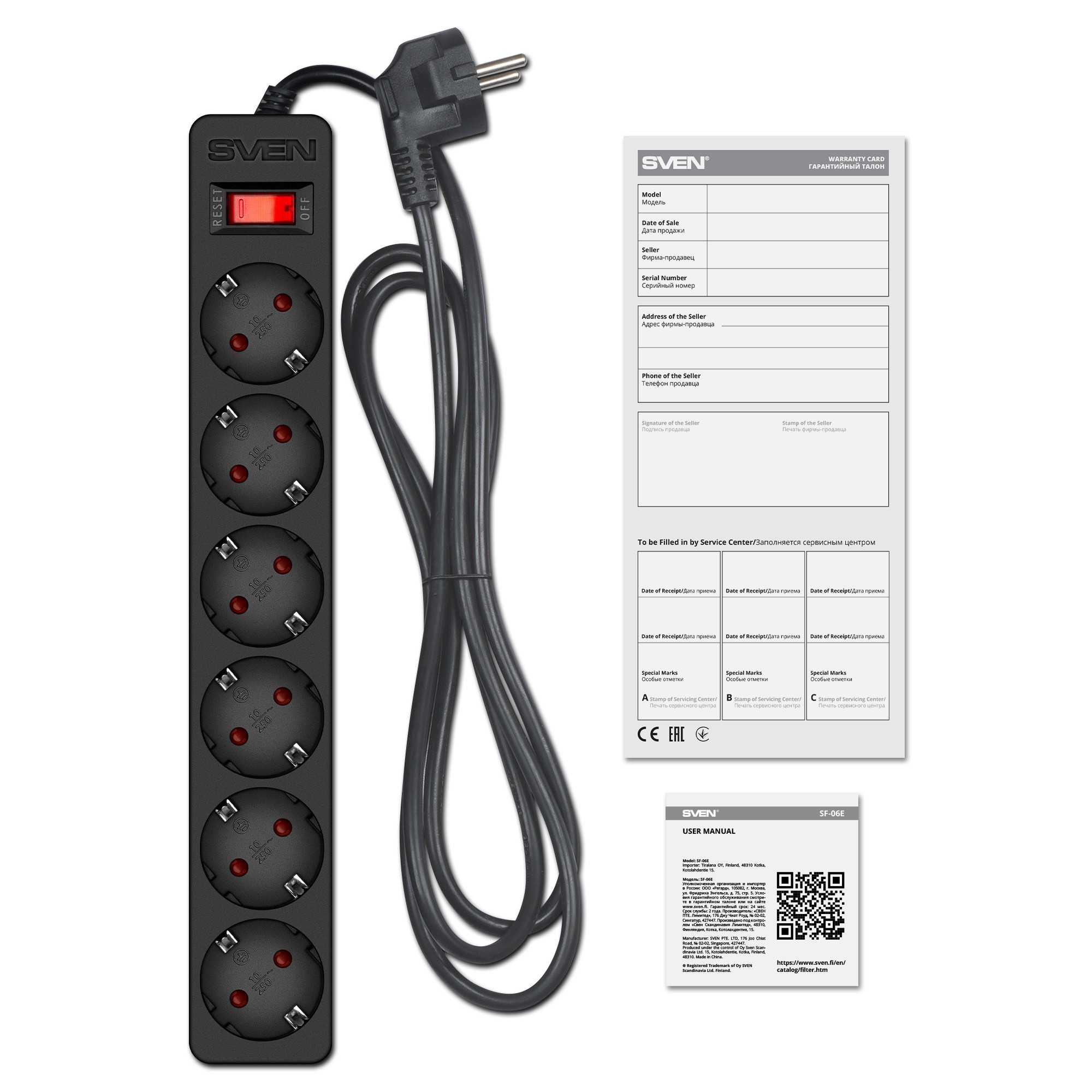 Фильтр сетевой SVEN SF-06E/ 6 Sockets/ 2300W/ 3.0m/ Black photo 4
